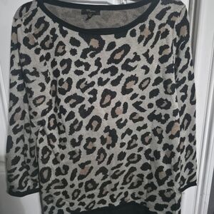 Cupio Leopard Print Knit Tunic Blouse Chiffon Hem 3/4 Sleeve Round Neck L